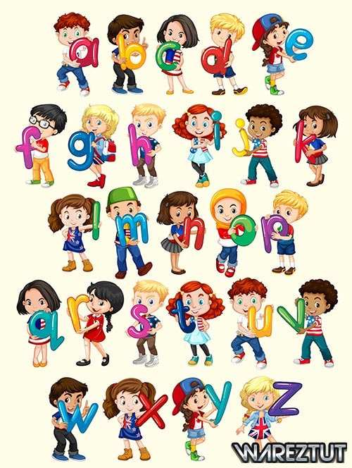 Children with alphabet - vector clipart
