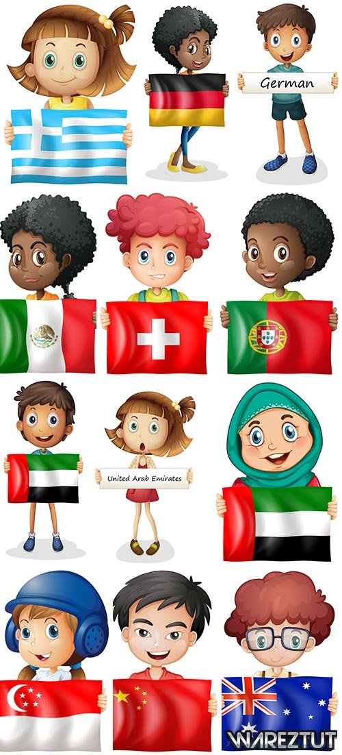 Children with flags of different countries of the world - vector clipart