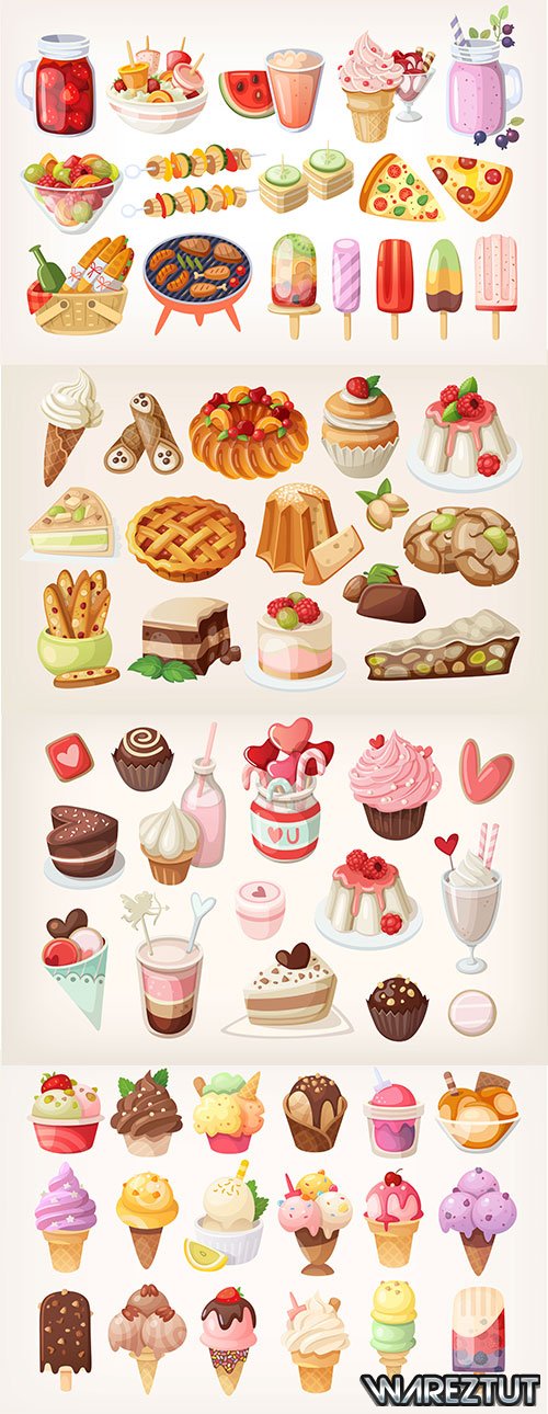 Delicious ice cream and appetizing cake - vector clipart