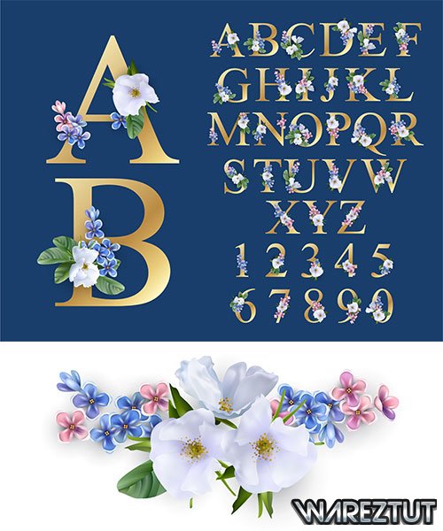 Numbers and letters of the English alphabet with delicate flowers - vector clipart