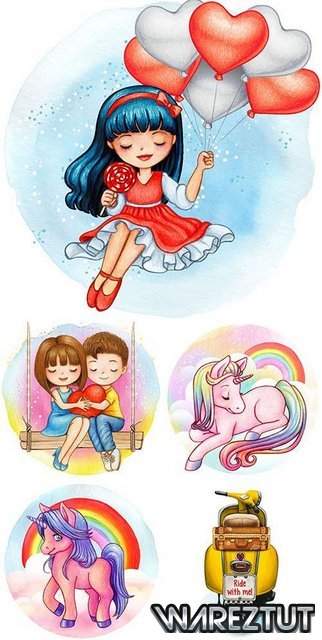 Girl with balls and unicorn watercolor illustrations (EPS)