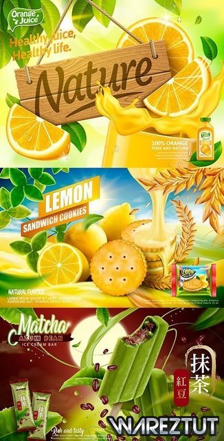 Advertising orange juice and tasty ice cream realistic design (EPS)