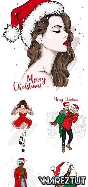 Beautiful girl and guy in stylish clothes and santa claus hat (EPS)