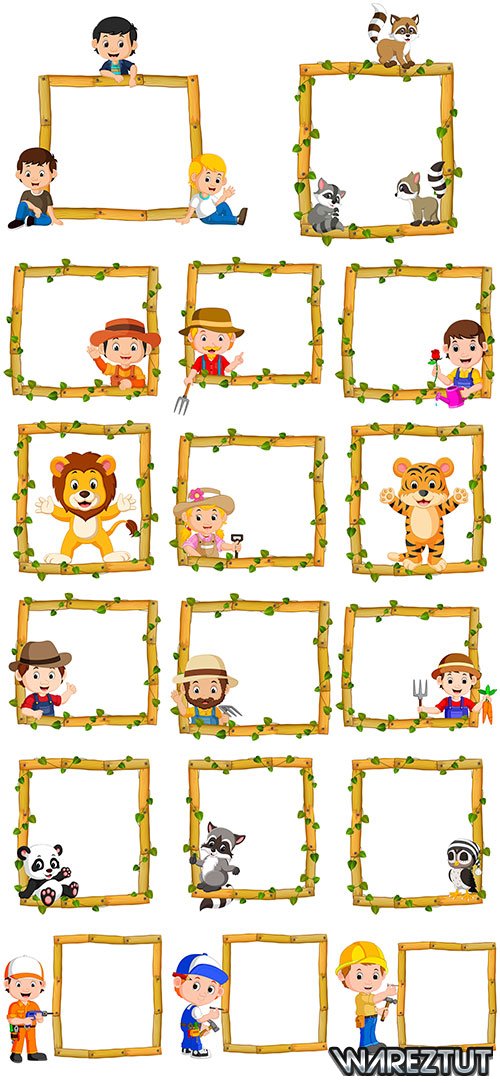 Vector frames made of wood with animals and children