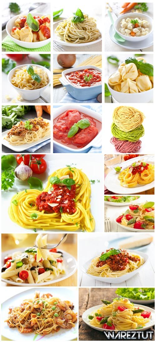 Dishes with different types of pasta stock photo