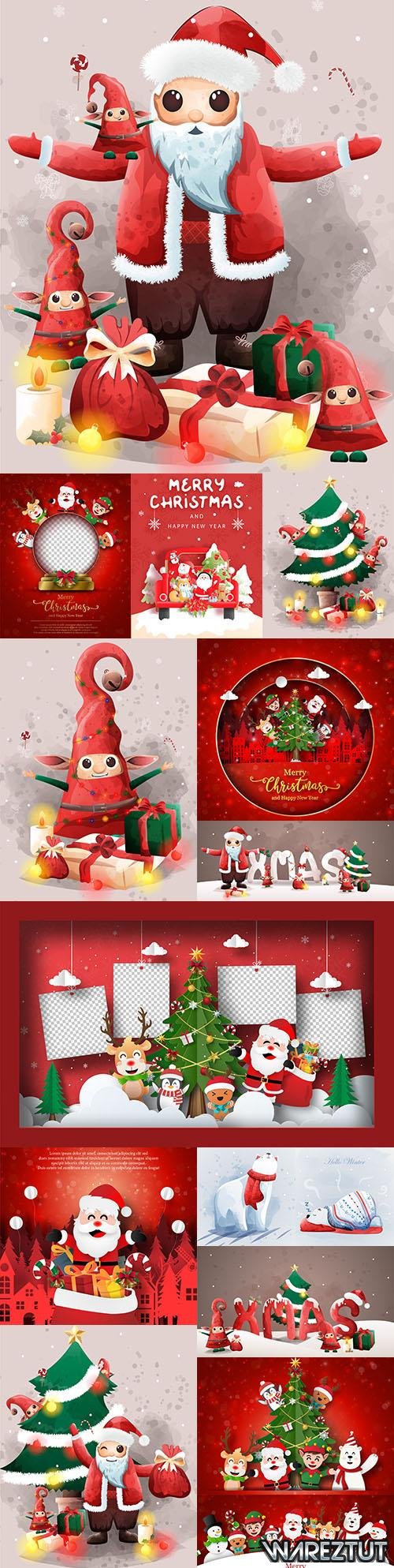 Santa Claus and cute elf Christmas Eve friends with gifts
