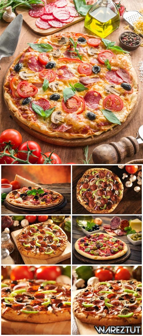 Pizza with tomatoes and olives stock photo (JPG)