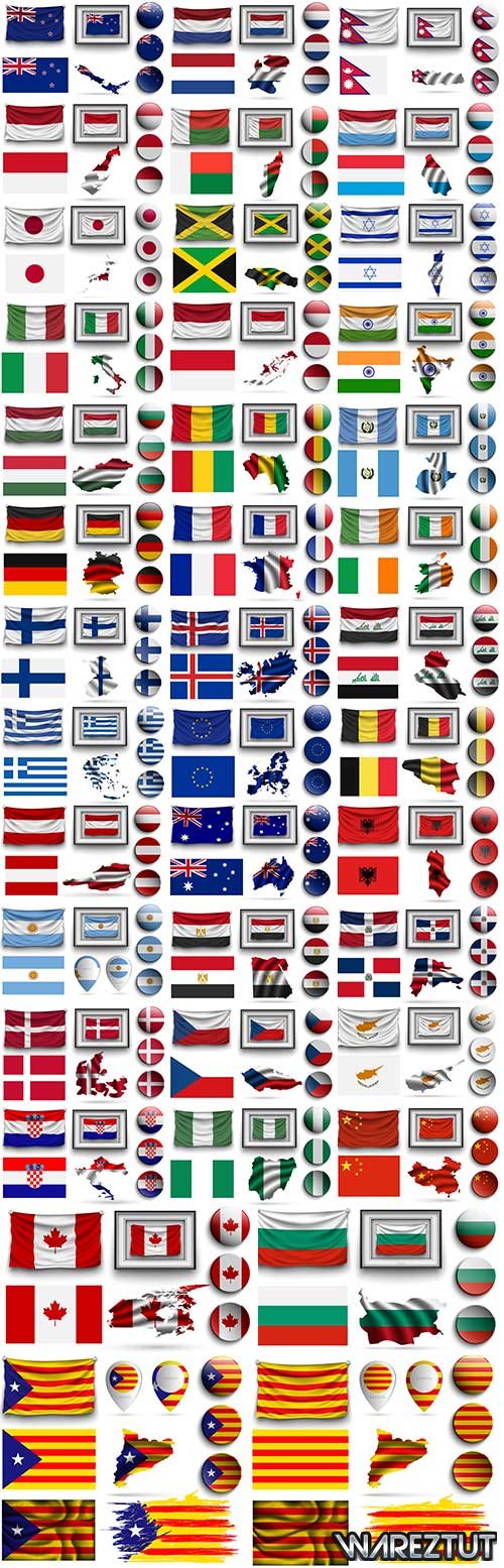 Icons with flags and symbols of different countries - vector clipart