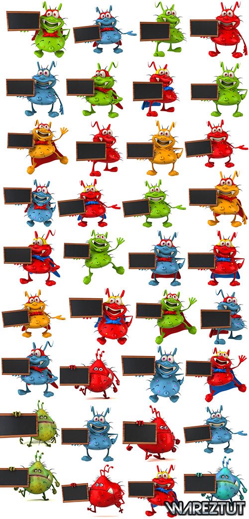 Multicolored funny monsters with frames on a white background - Raster clipart