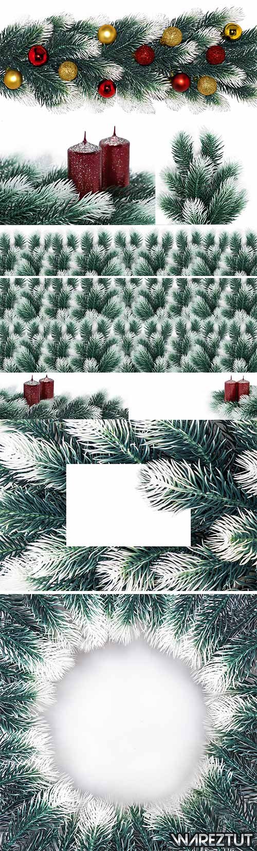 Spruce branches with snow, toys and candles - Raster clipart